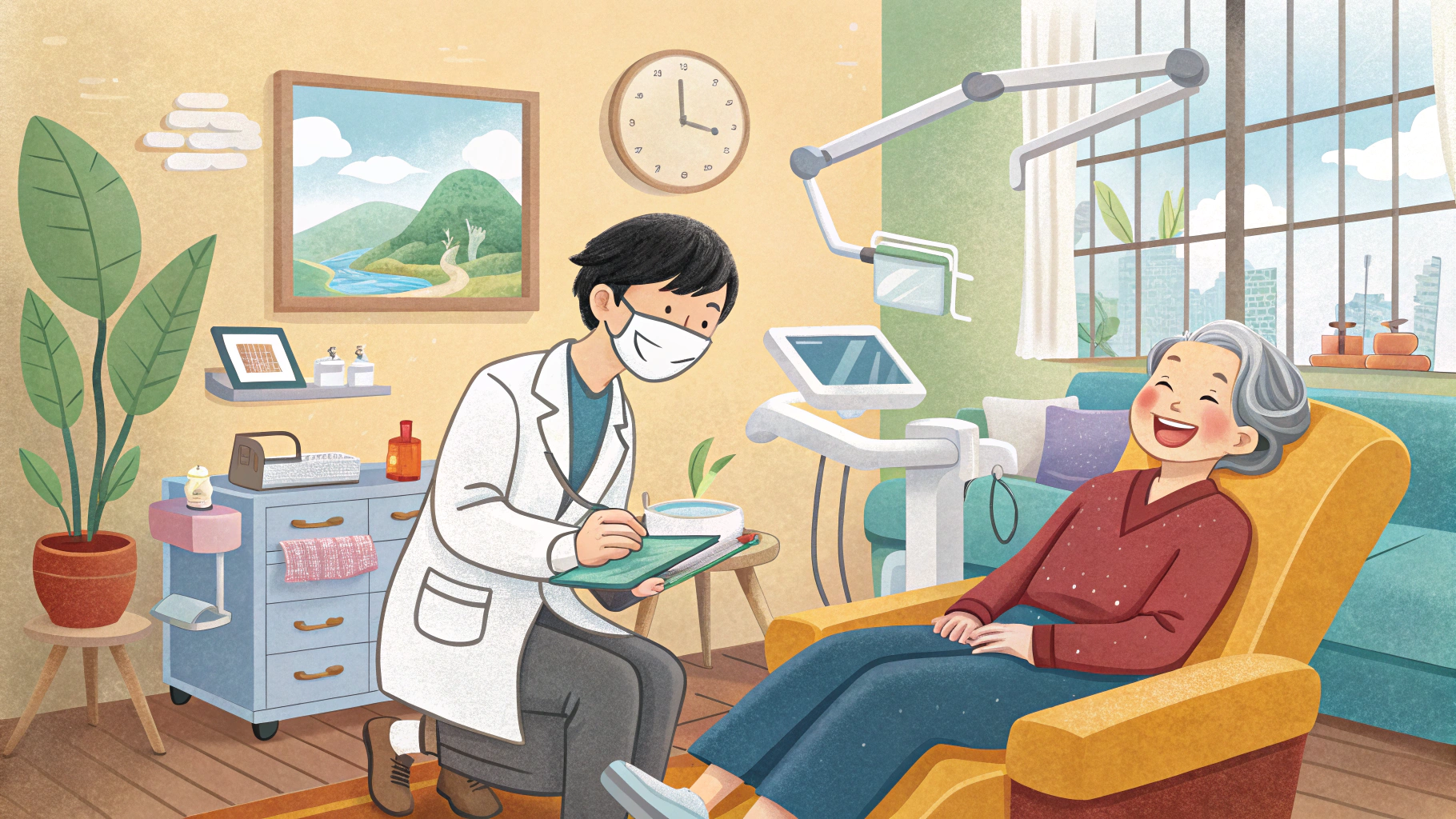 歯科医が笑顔の高齢女性の歯を診察しているイラスト