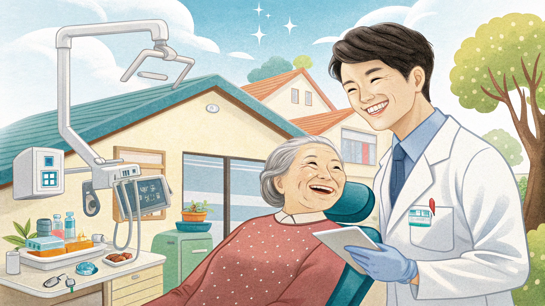 歯医者で笑顔の患者と歯科医