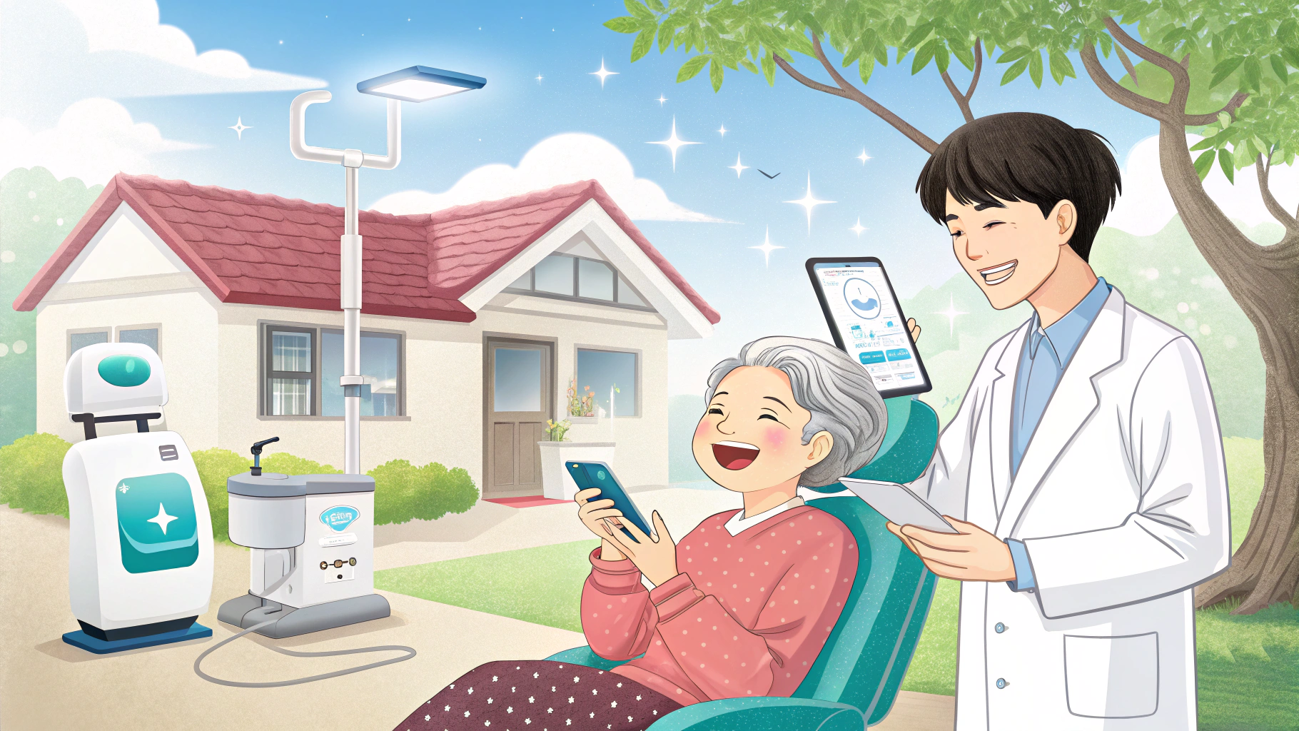 歯科医師が訪問歯科健診で高齢者の口腔ケアをする様子