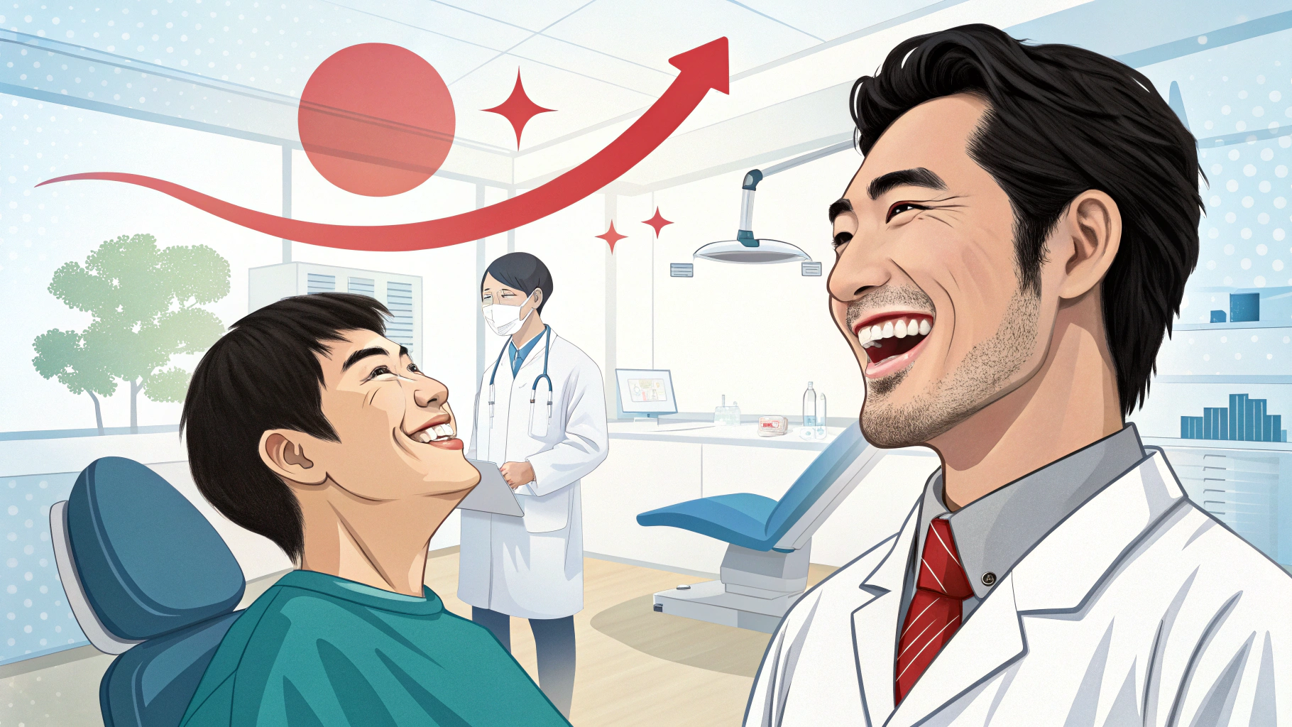 歯科医院の診察室で治療チェアに座る患者と歯科医師が笑顔で話している様子