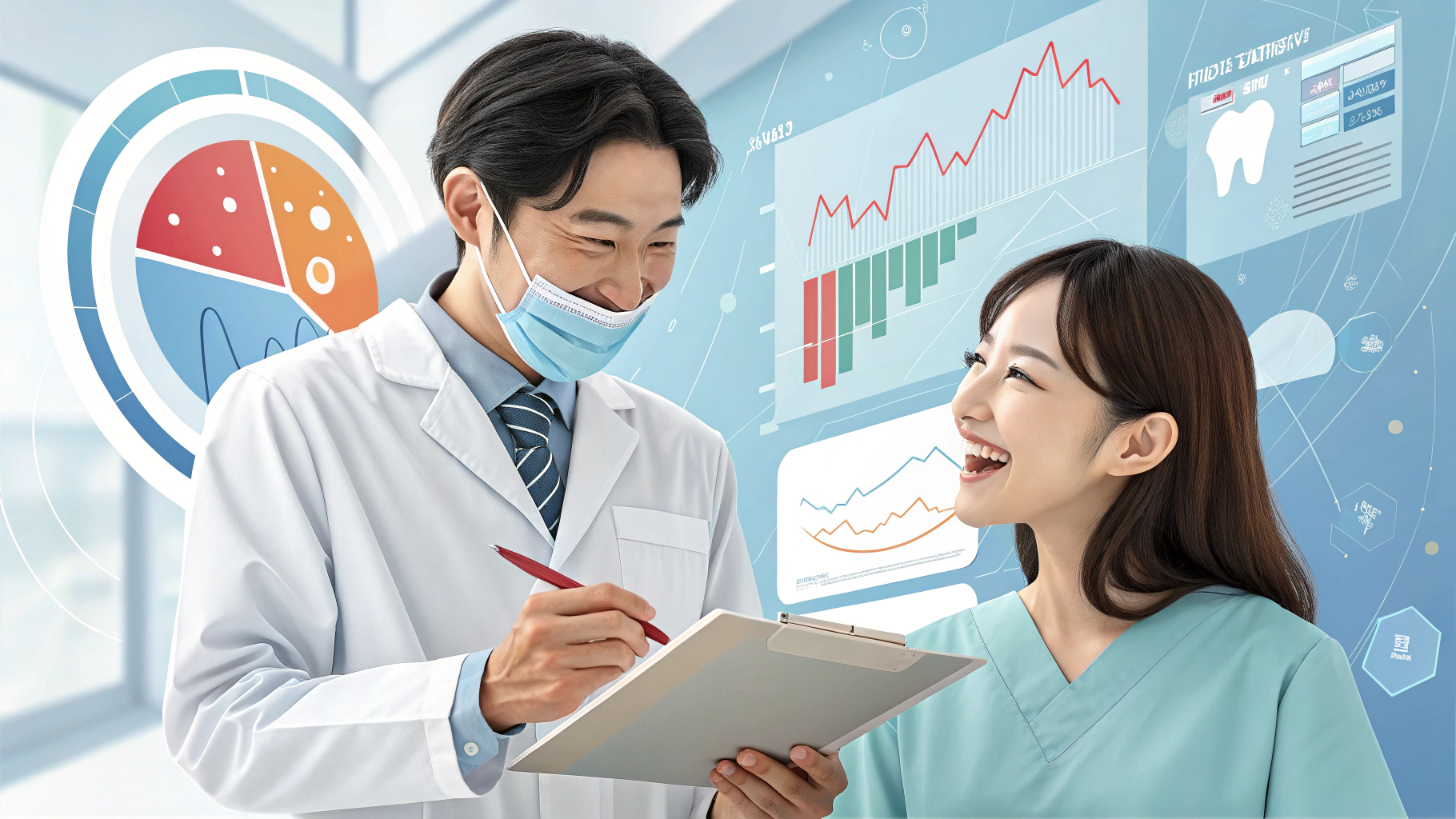 医師と患者が笑顔で医療データを見ながら話している