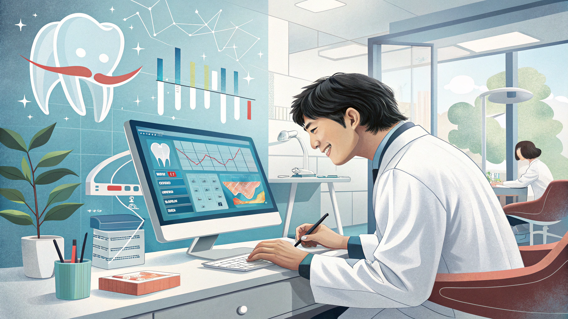 白衣の男性がパソコンで歯のデータを見ているイラスト