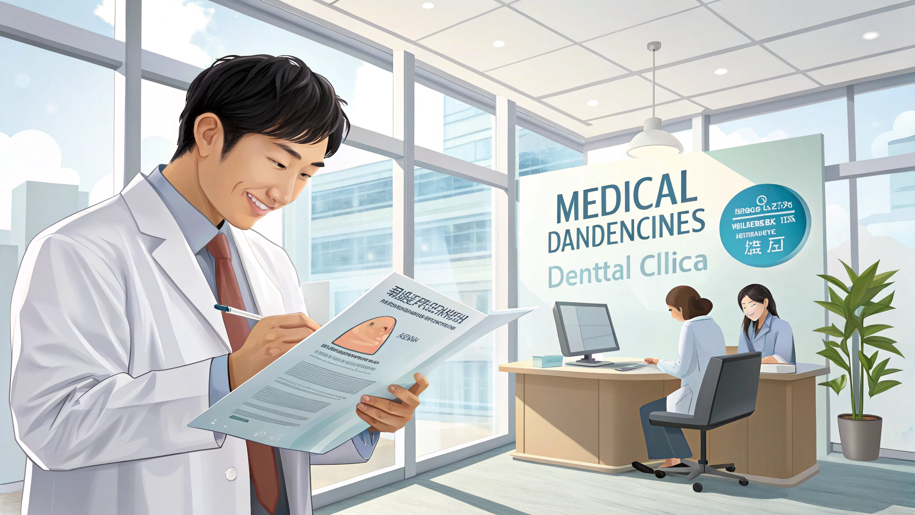 歯科医院の診察室でカルテを見る歯科医師