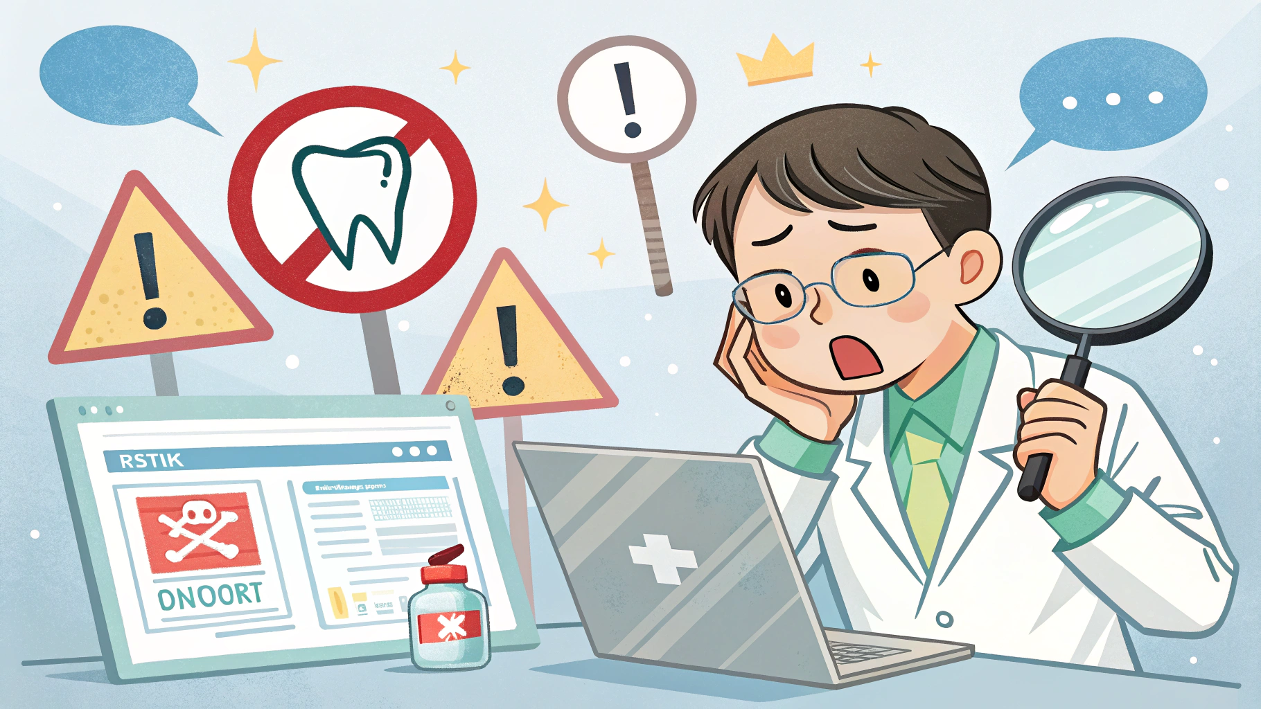 パソコンに向かい困り顔で虫眼鏡を持つ歯医者のイラスト