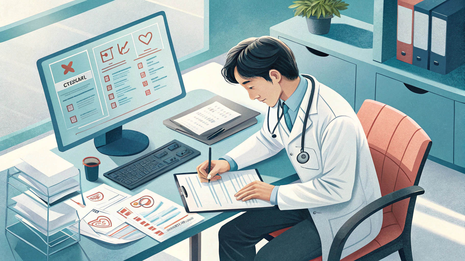 歯科医師がカルテに記入している様子