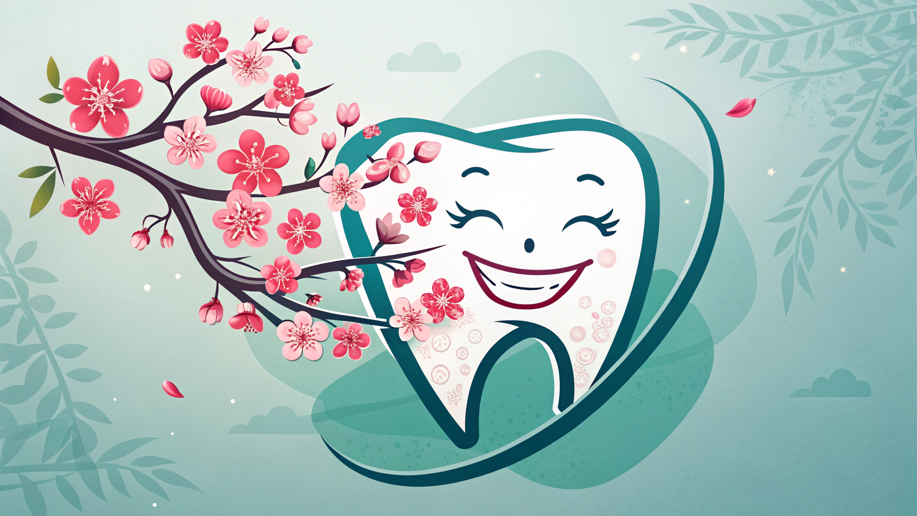 笑顔の歯と桜の花のイラスト