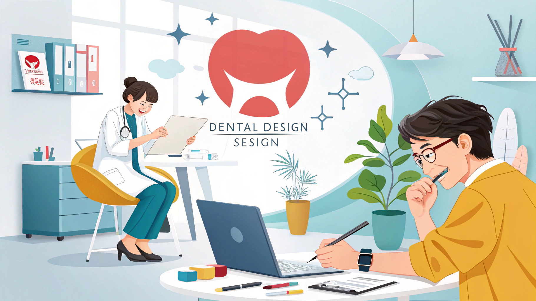 歯科医院のロゴと歯科医とデザイナー