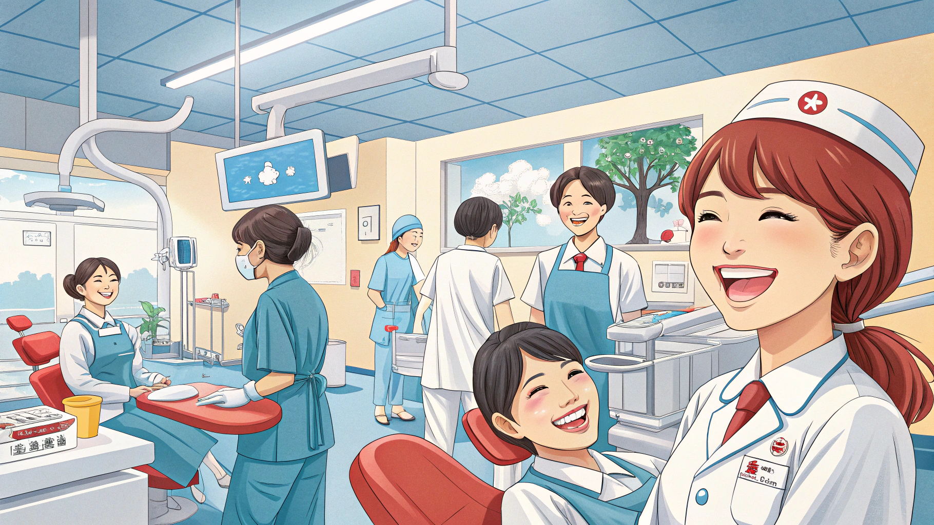 笑顔の患者と歯科医師と歯科衛生士
がいる明るい歯科医院
