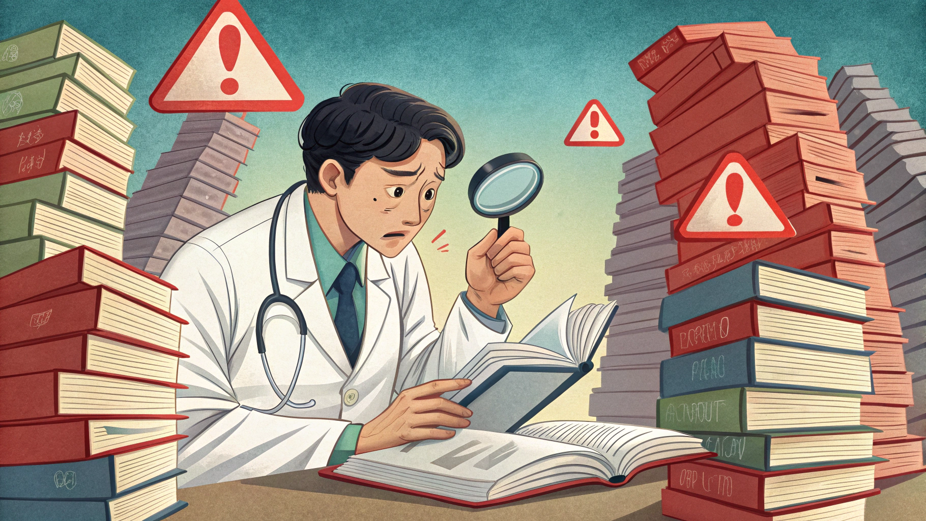 医療広告ガイドラインの違反事例を読む困った顔の医者のイラスト