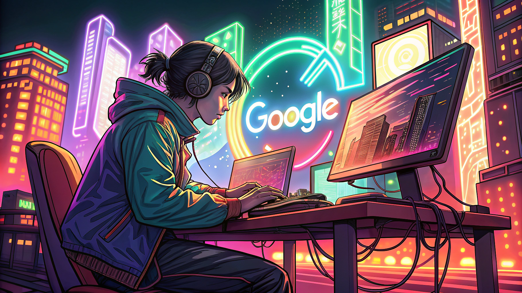 ネオンの街でパソコン作業をする女性