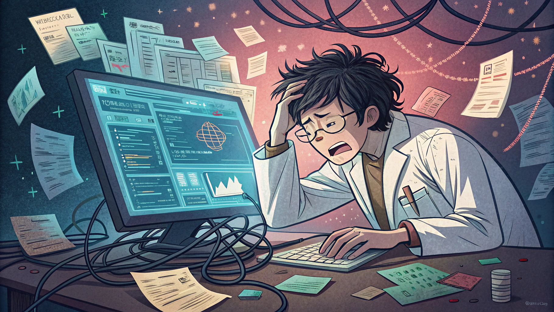 研究に苦悩する研究者のイラスト