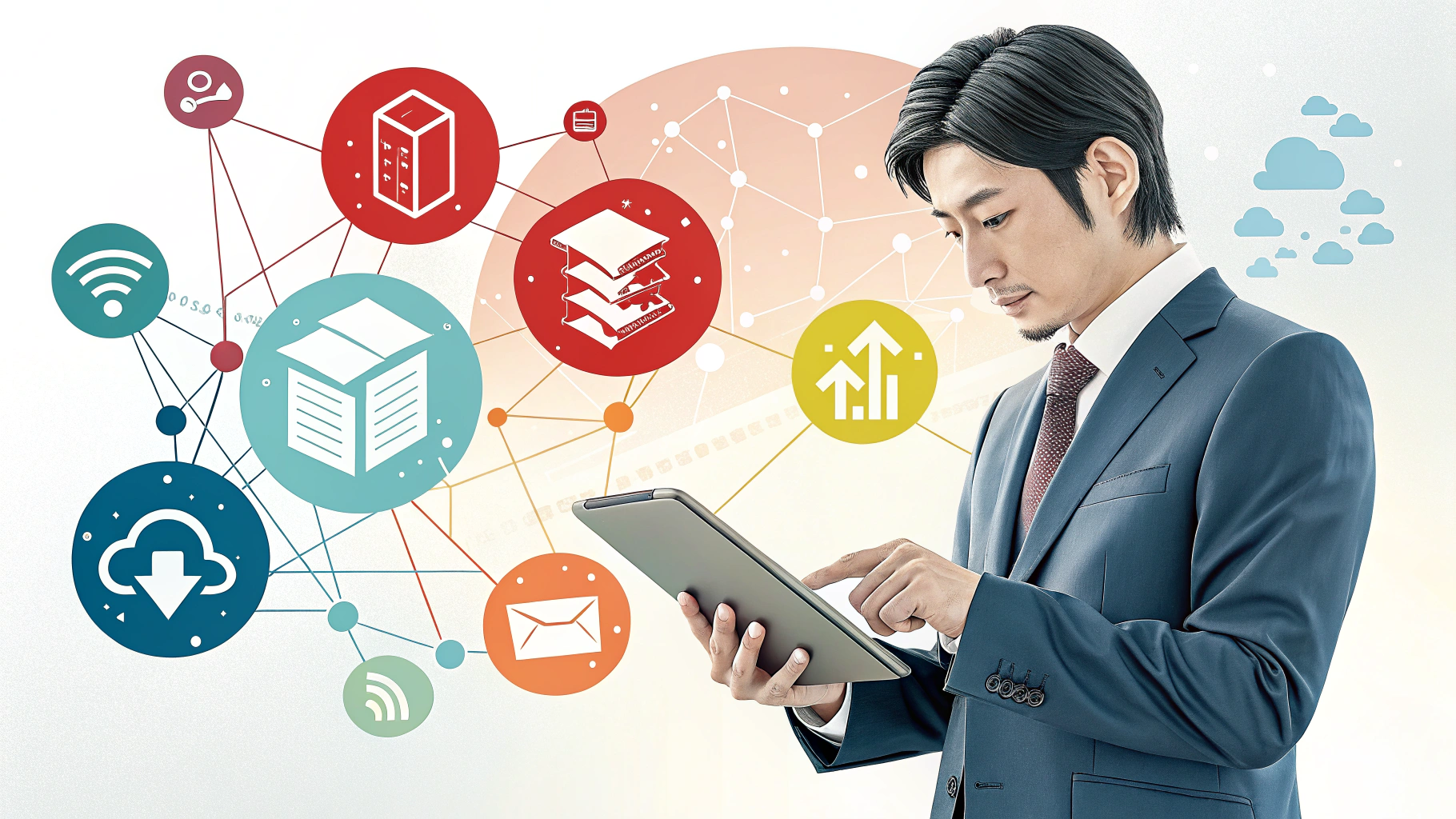 タブレットを使うビジネスマンとネットワーク図